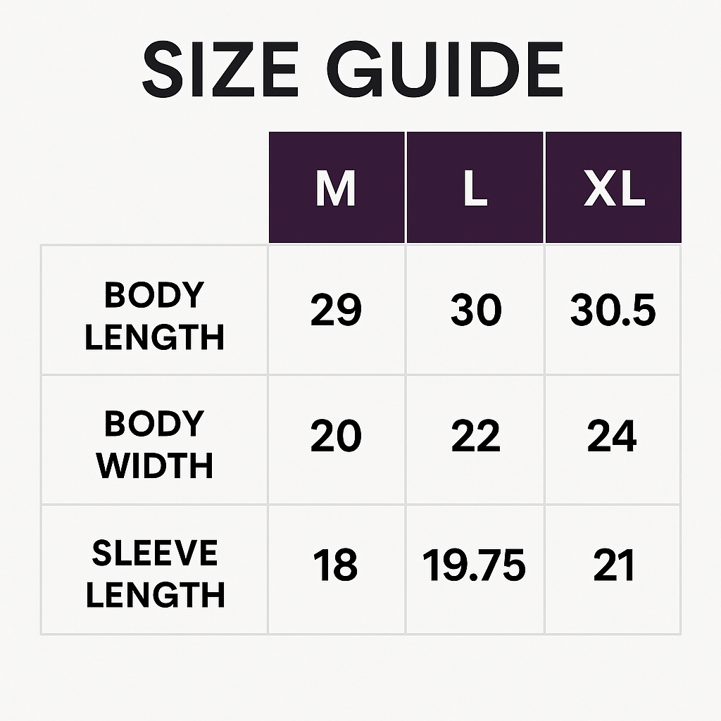 Size guide for signature tee