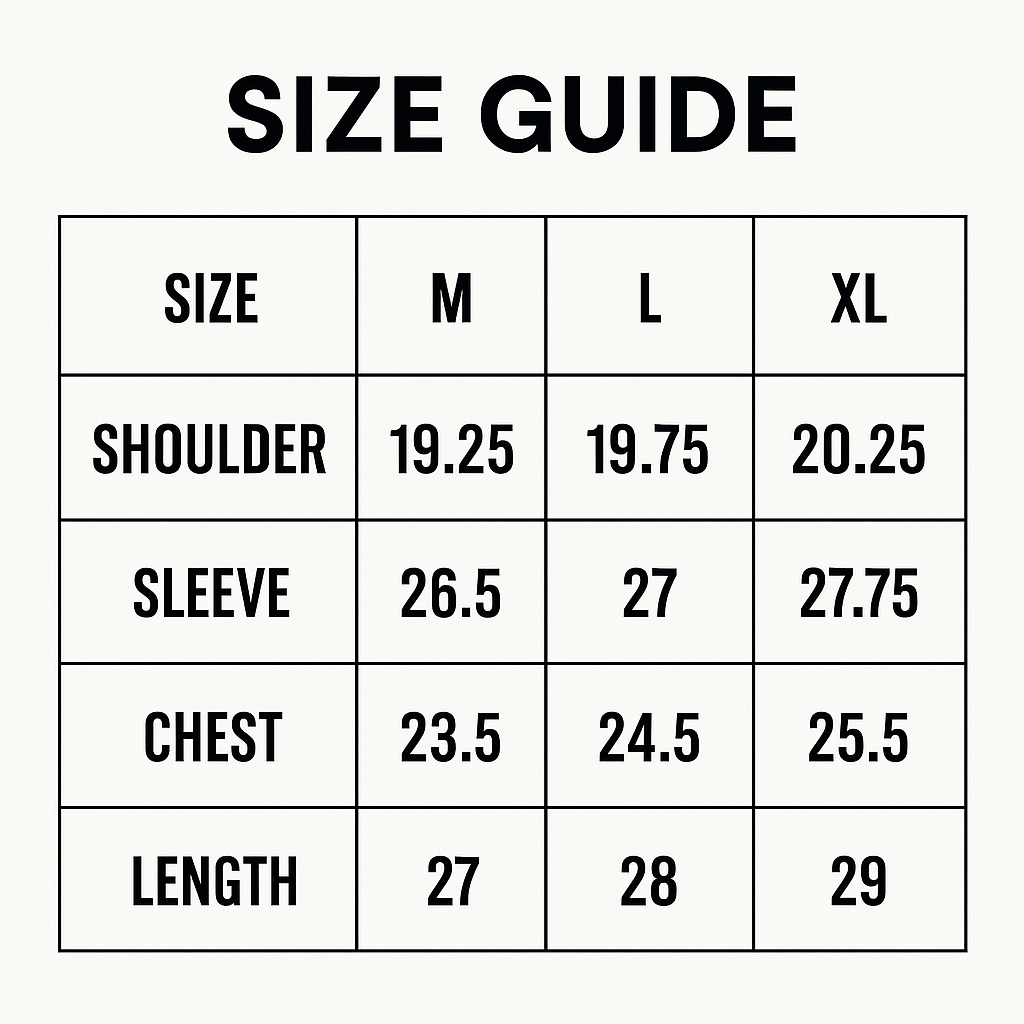 Size guide for hoodie